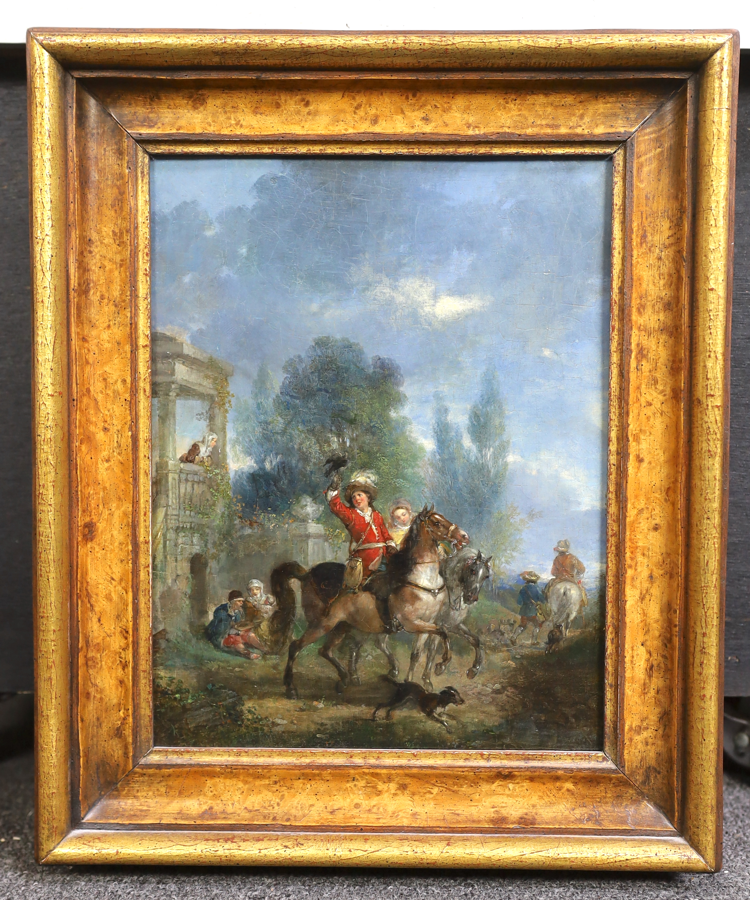 Manner of Philip Wouwerman (Haarlem, 1619-1668), A hawking party setting out, oil on wooden panel, 27 x 20cm